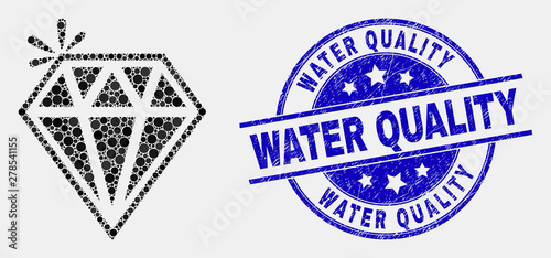 Pixelated spark brilliant mosaic pictogram and Water Quality seal. Blue vector rounded distress seal with Water Quality caption. Vector collage in flat style.