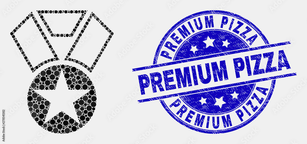 Obraz premium Pixel star award mosaic icon and Premium Pizza stamp. Blue vector rounded textured seal stamp with Premium Pizza phrase. Vector collage in flat style.