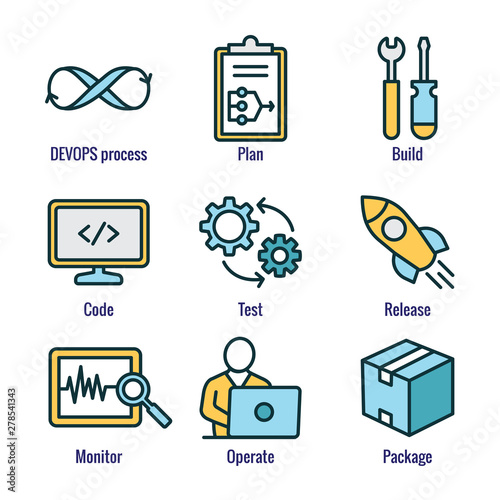 DevOps Icon Set with Plan, Build, Code, Test, Release, Monitor, Operate and Package
