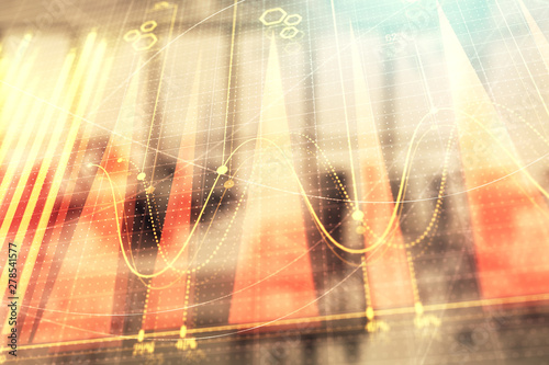 Stock and bond market graph with trading desk bank office interior on background. Multi exposure. Concept of financial analysis