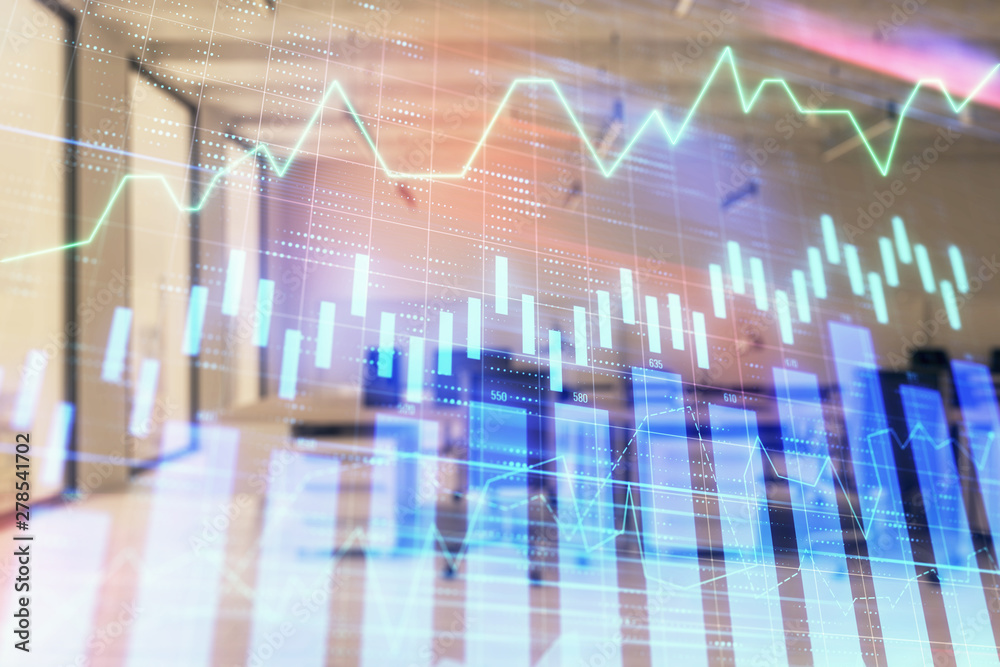 Stock and bond market graph with trading desk bank office interior on background. Multi exposure. Concept of financial analysis Stock and bond market graph with trading desk bank office interior on background. Multi exposure. Concept of financial analysis