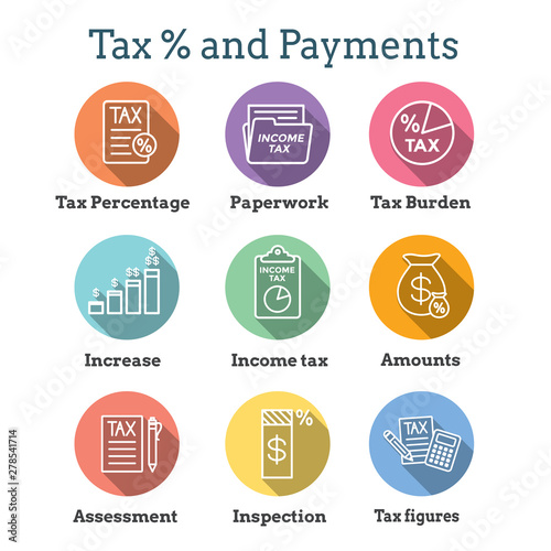 Tax concept with percentage paid, icon and income idea. Flat vector outline illustration.