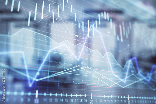 Stock market chart with trading desk bank office interior on background. Double exposure. Concept of financial analysis