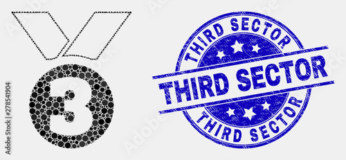 Dot third place award mosaic pictogram and Third Sector seal. Blue vector round scratched stamp with Third Sector message. Vector combination in flat style.