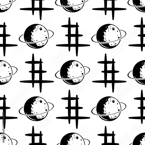 Space Background for Kids. Moon planet seamless pattern with silhouette elements. Stock vector wallpaper isolated
