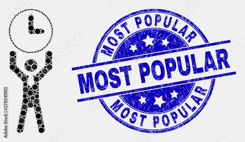Pixelated time manager mosaic pictogram and Most Popular watermark. Blue vector rounded distress seal stamp with Most Popular title. Vector collage in flat style.
