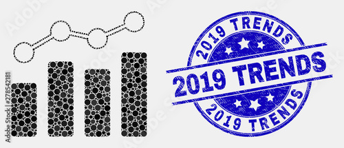 Pixel trend chart mosaic pictogram and 2019 Trends stamp. Blue vector round scratched stamp with 2019 Trends caption. Vector collage in flat style.