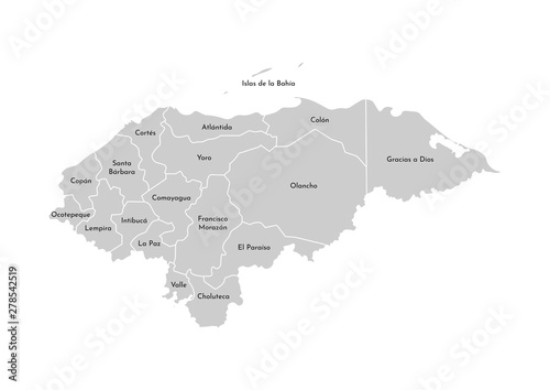 Vector isolated illustration of simplified administrative map of Honduras. Borders and names of the departments (regions). Grey silhouettes. White outline photo