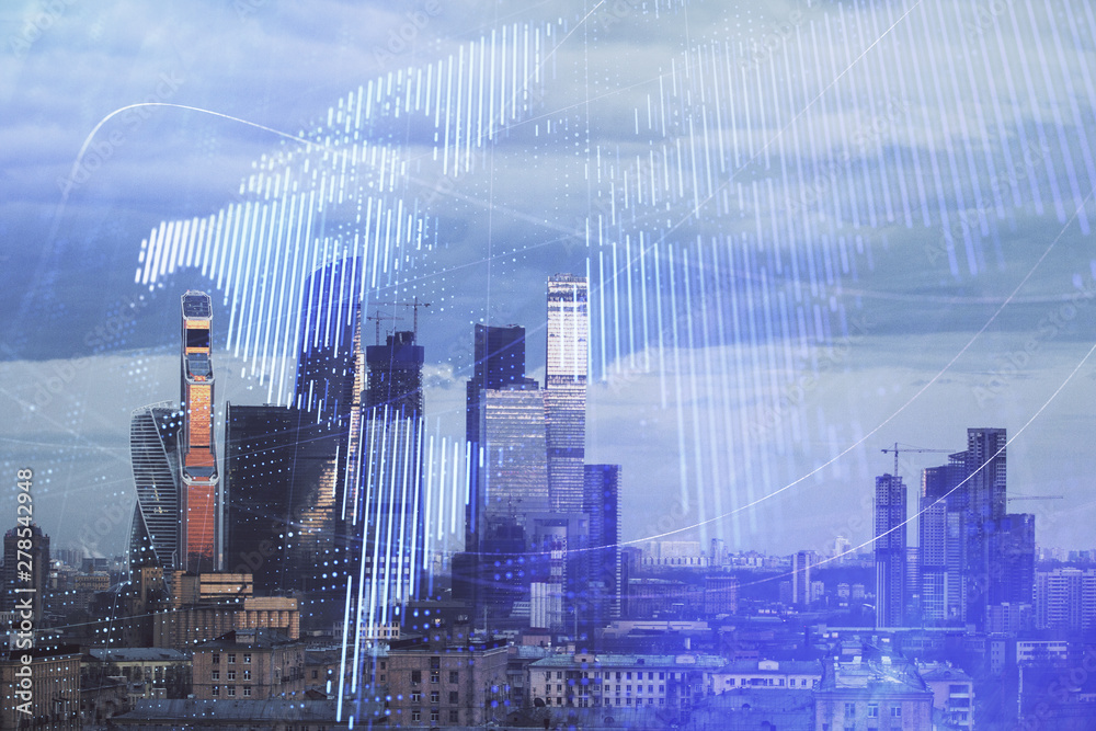 Double exposure of world map on city veiw background. Concept of international trading