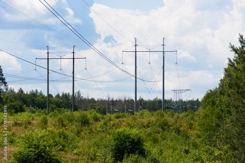 Electricity power pole for transmission lines network. Environment and energy concept