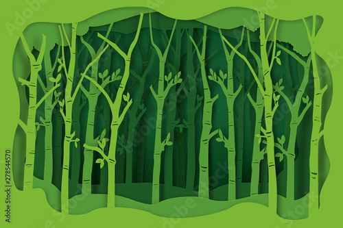 Paper art and digital craft style of Eco green nature background, forest plantation as ecology and environment conservation creative idea concept. Vector illustration.