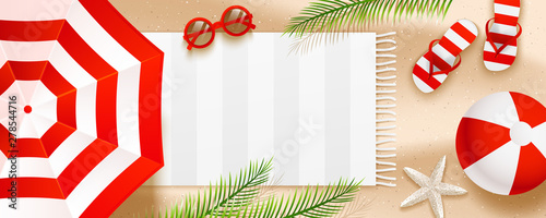 Summer beach horizontal banner with sun umbrellas, flip flops, sunglasses, ball, towel and palm leaves on sand