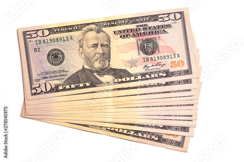 Isolated Heap of fifty 50 US dollars bills background. USA note. Top view. Flat Isolated lay. Business concept. Copy space place for text