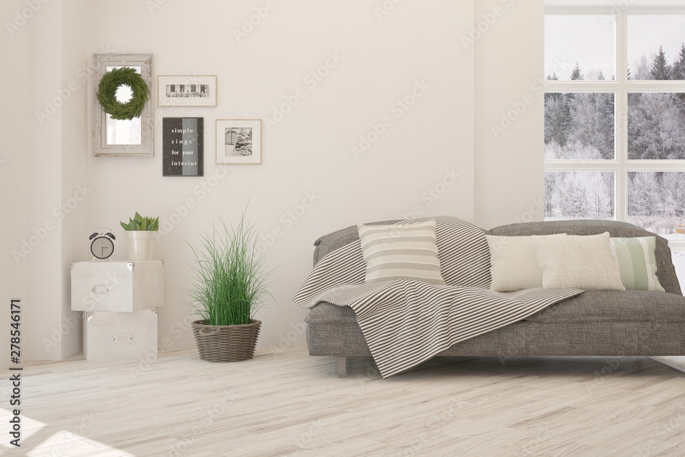 Stylish room in white color with sofa and winter landscape in window. Scandinavian interior design. 3D illustration Stylish room in white color with sofa and winter landscape in window. Scandinavian interior design. 3D illustration