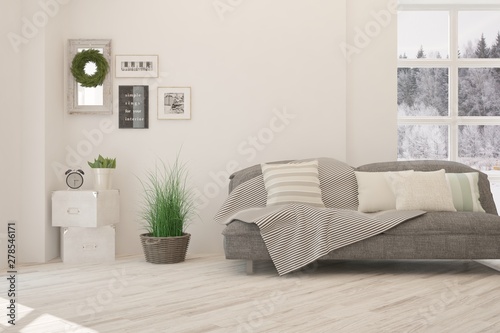 Stylish room in white color with sofa and winter landscape in window. Scandinavian interior design. 3D illustration