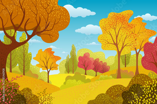 Autumn landscape with trees and leaves. Background with forest. Nature banner  with plants. Vector flat design