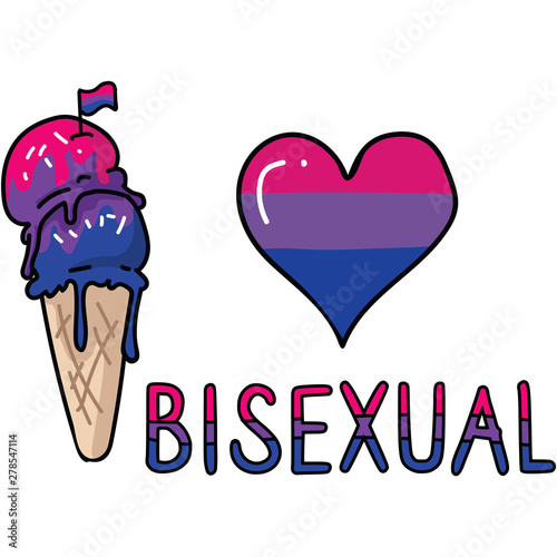 Cute bisexual ice cream cone cartoon vector illustration motif set. LGBTQ bi sweet treat elements for pride blog. Typography graphic for summer web buttons.