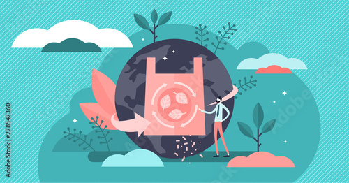 Biodegradable vector illustration. Flat tiny recycled bags persons concept.