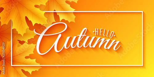 Autumn web banner with maple leaves. Seasonal background for your design. Beautiful text in frame. Vector illustration