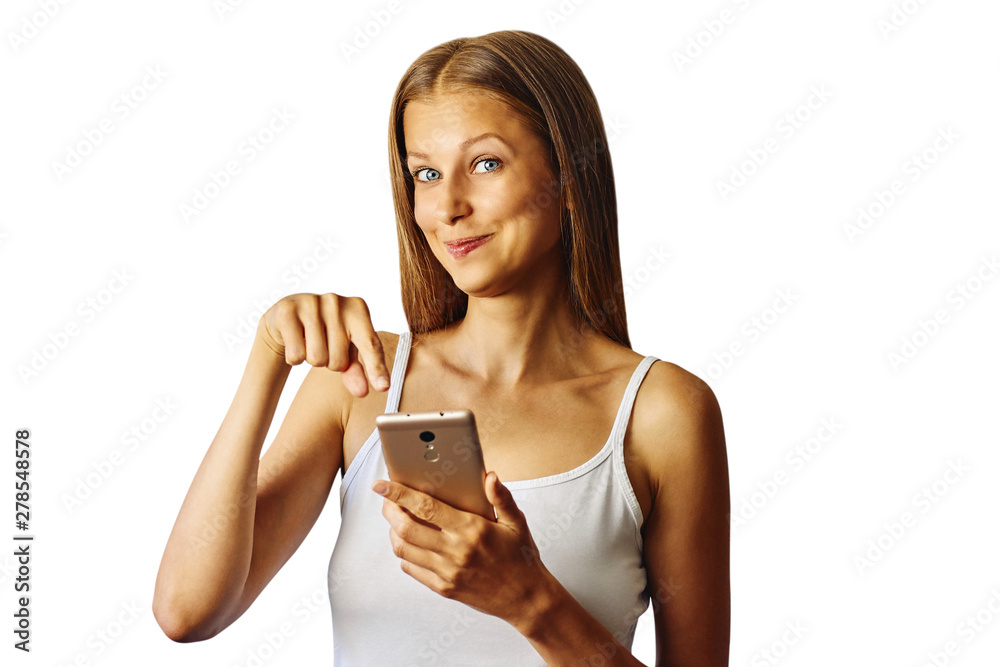 Happy smiling woman points at her smartphone with finger, isolated over white background Happy smiling woman points at her smartphone with finger, isolated over white background
