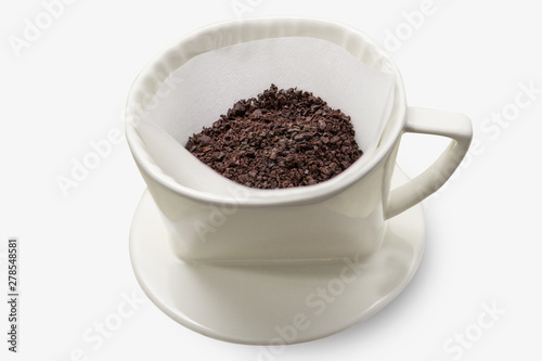 Drip coffee with paper filter tool on white background