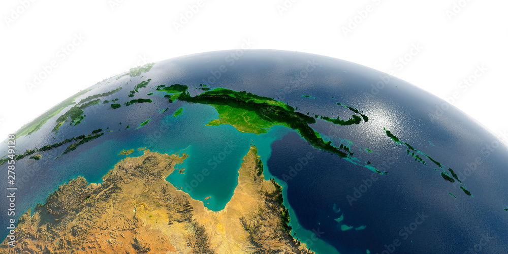 Detailed Earth on white background. Australia and Papua New Guinea