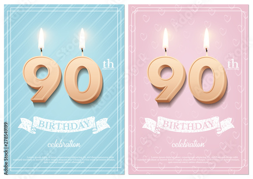 Burning number 90 birthday candles with vintage ribbon and birthday celebration text on textured blue and pink backgrounds in postcard format. Vector vertical ninetieth birthday invitation templates.