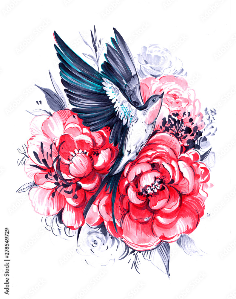 Flying swallow with peony flowers. Hand drawn illustration. Great for print, t-shirt and other - obrazy, fototapety, plakaty 