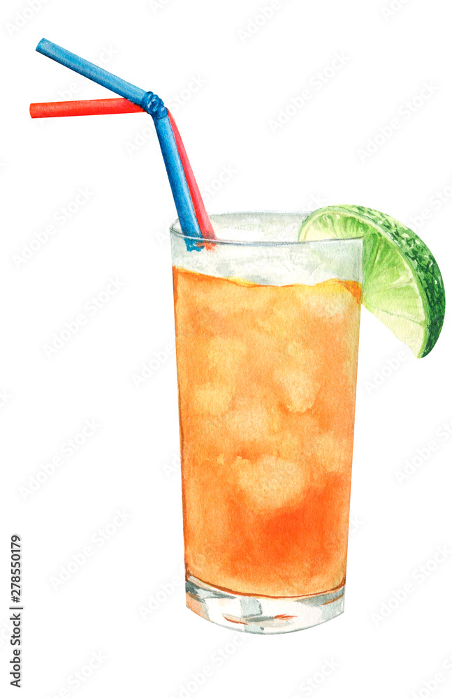 Watercolor illustration of a tropical alcoholic cocktail Watercolor illustration of a tropical alcoholic cocktail