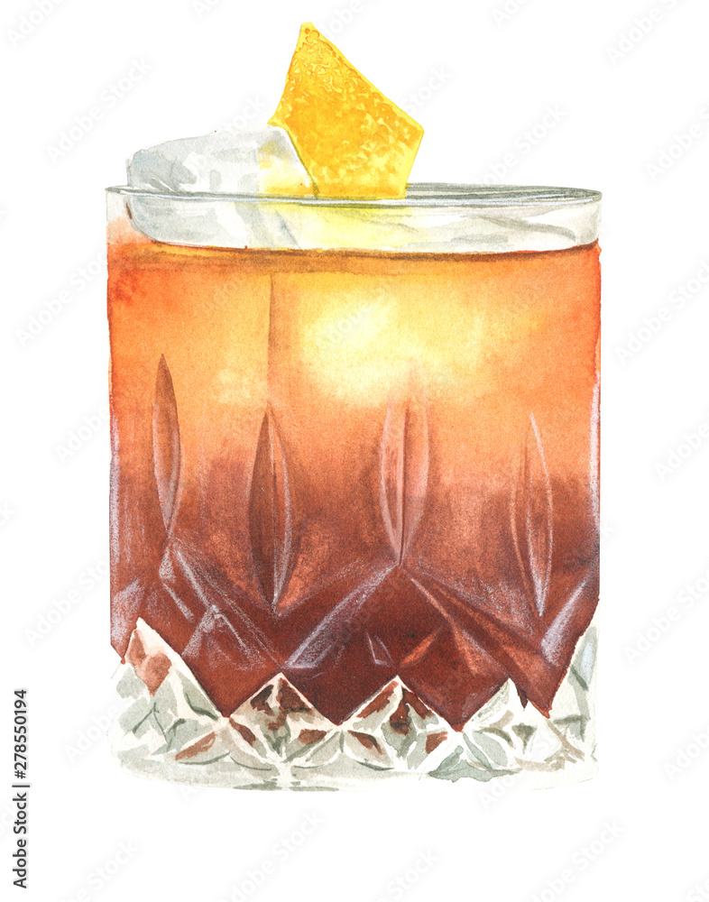 watercolor illustration of old fashioned cocktail - obrazy, fototapety, plakaty 