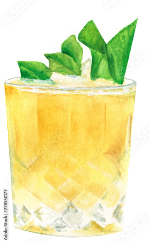 Watercolor illustration of a traditional alcoholic cocktail mint julep in a glass of old fashioned