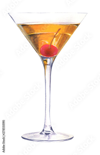 Watercolor illustration of a traditional Manhattan alcoholic cocktail in a Martini glass