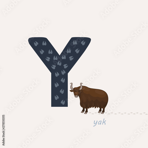 Vector illustration. Blue letter Y with yaks footprints, a cartoon yak. Animal alphabet.