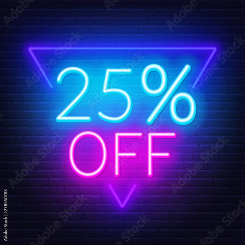 25 percent off neon lettering. Vector illustration