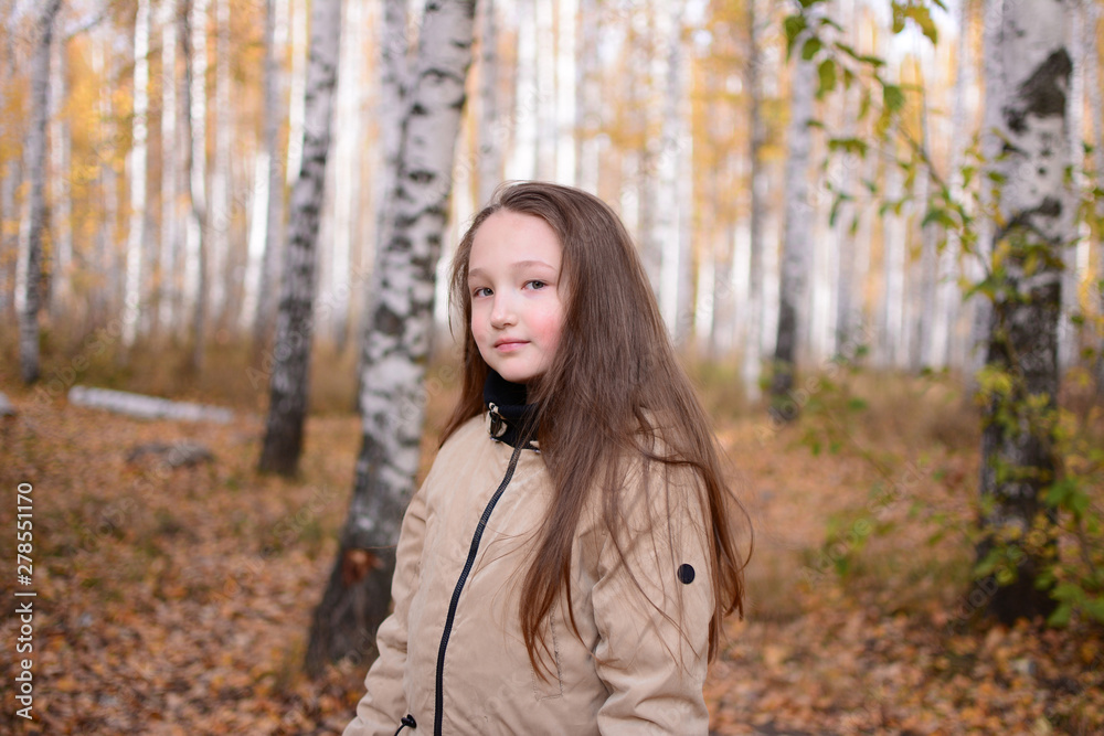 Portrait of a girl with with long hair who stands in the autumn forest. Teenager girl in jacket against a background of yellow autumn forest. copy space.