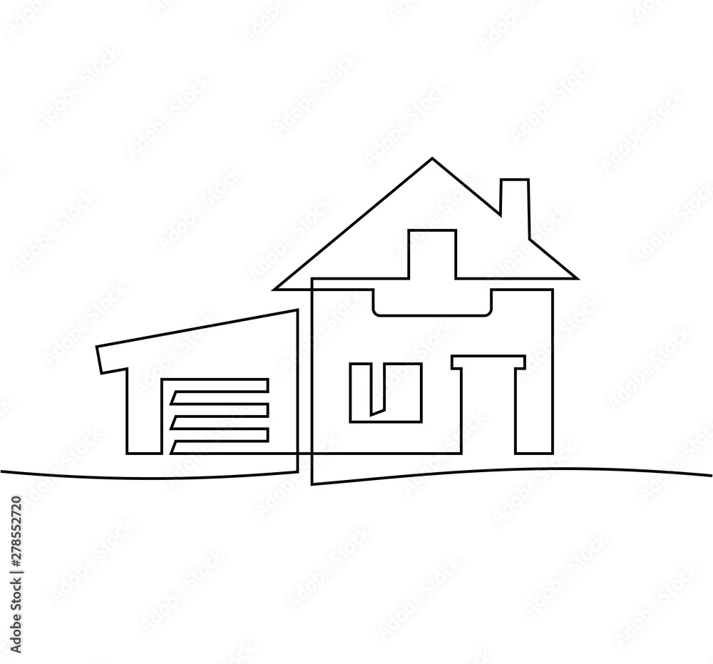 Linear house with garage. Continuous line drawing Linear house with garage. Continuous line drawing