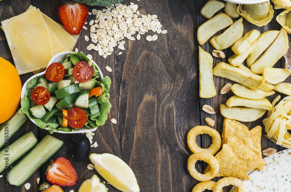 Top view healthy food vs unhealthy food Stock Photo | Adobe Stock