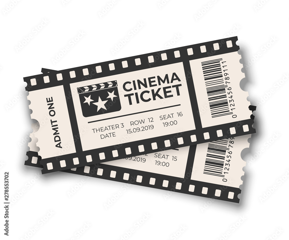 Fototapeta premium White overlapping cinema ticket with barcode templates set isolated on white background. Vector design elements.