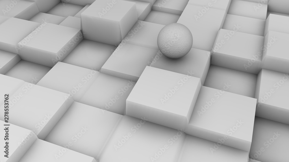 3D illustration of a white sphere on a white surface with a cubic relief. Futuristic design, abstract background for your desktop. 3D rendering of a chaotic arrangement of geometry on a surface. 3D illustration of a white sphere on a white surface with a cubic relief. Futuristic design, abstract background for your desktop. 3D rendering of a chaotic arrangement of geometry on a surface.