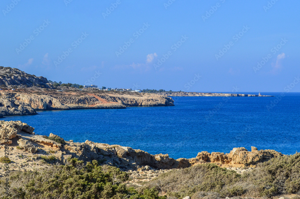 Ayia Napa, the island of Cyprus. Mediterranean coastline. Seascape. Background. Copy space.