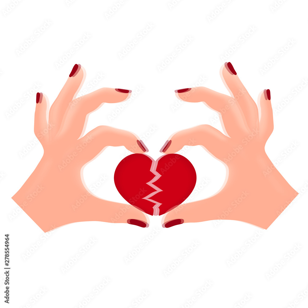 Obraz premium Women's hands tearing a heart. Vector isolated on white background