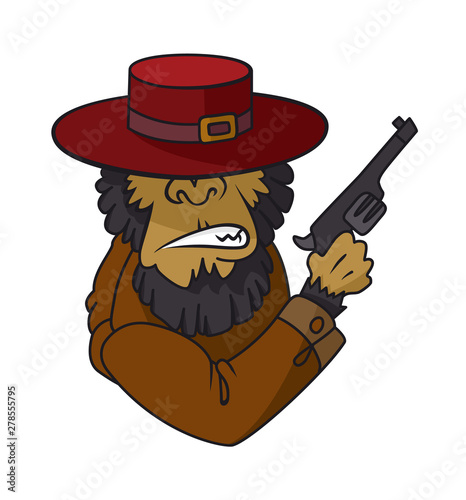 gangster monkey in suit holding machine gun. Vector illustration, serios gorilla head in fedora hat on a white background.