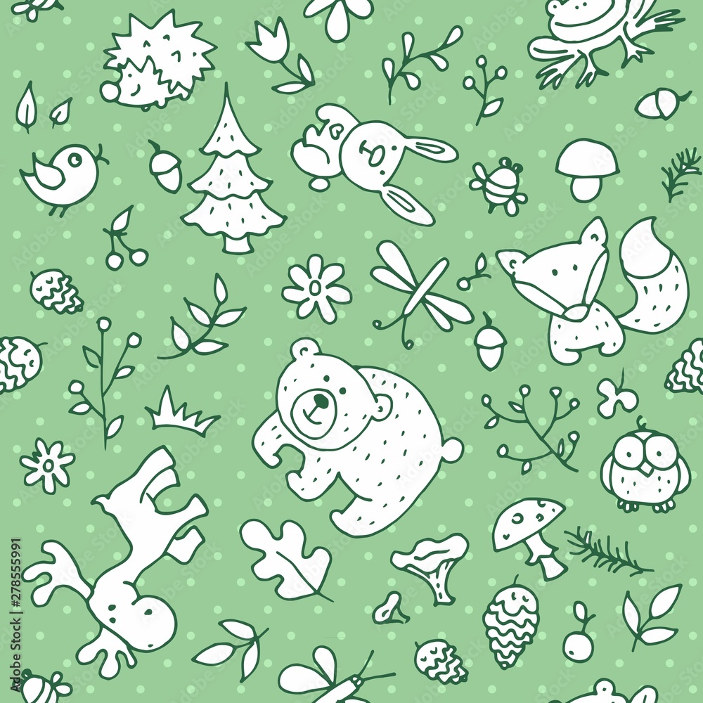 Seamless forest kids pattern for kids and design. With the image of a bear, rabbit, fox, butterfly, dragonfly, frog, owl, hedgehog, trees, mushrooms and berries. Seamless forest kids pattern for kids and design. With the image of a bear, rabbit, fox, butterfly, dragonfly, frog, owl, hedgehog, trees, mushrooms and berries.