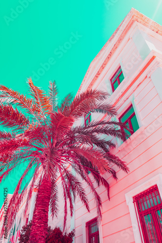 Foto Pink hotel and palm tree in infrared style