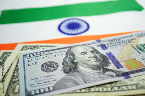 US dollar banknotes on India Flag. Financial development, Banking Account, Statistics, Investment Analytic research data economy, trading, office reporti photo