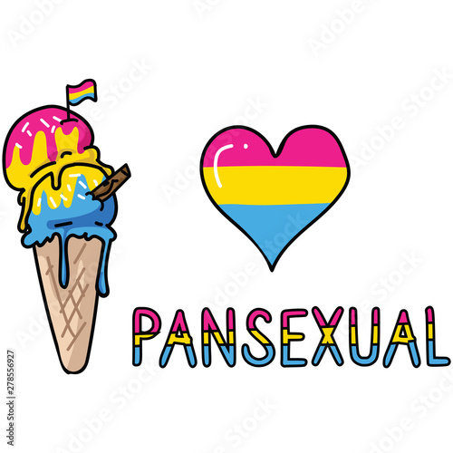 Cute pansexual ice cream cone cartoon vector illustration motif set. LGBTQ pan sweet treat elements for pride blog. Typography graphic for summer web buttons.