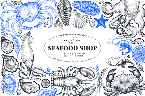 Seafood shop hand drawn vector banner template. Retro style