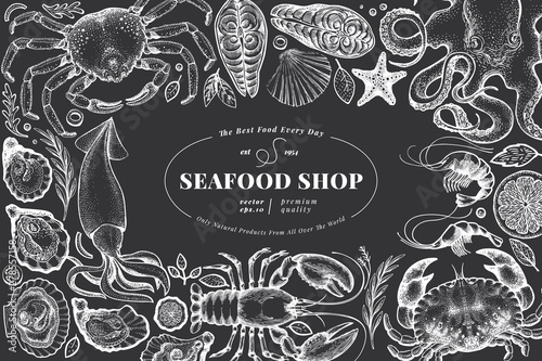 Seafood shop hand drawn vector banner template. Retro style illustration on chalk board