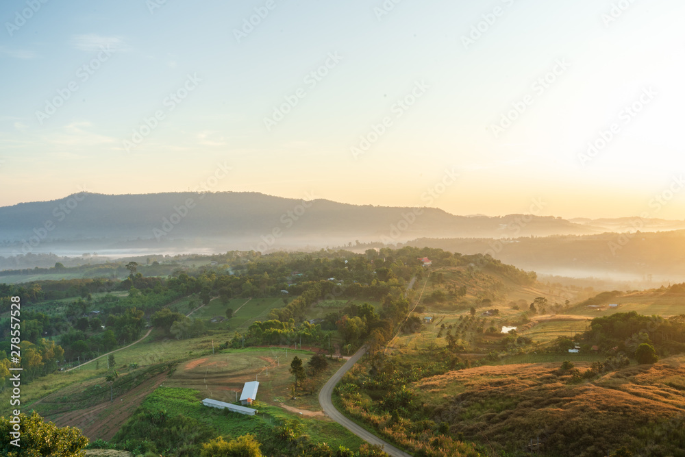 Morning sunrise viewpoint with the sea mist at Khao Kho in Thailand, soft focus.