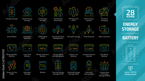Energy storage color outline icon set on a black background with distributed generation grid, electric vehicle charging, rechargeable, lead acid, nickel & lithium ion battery editable stroke line sign